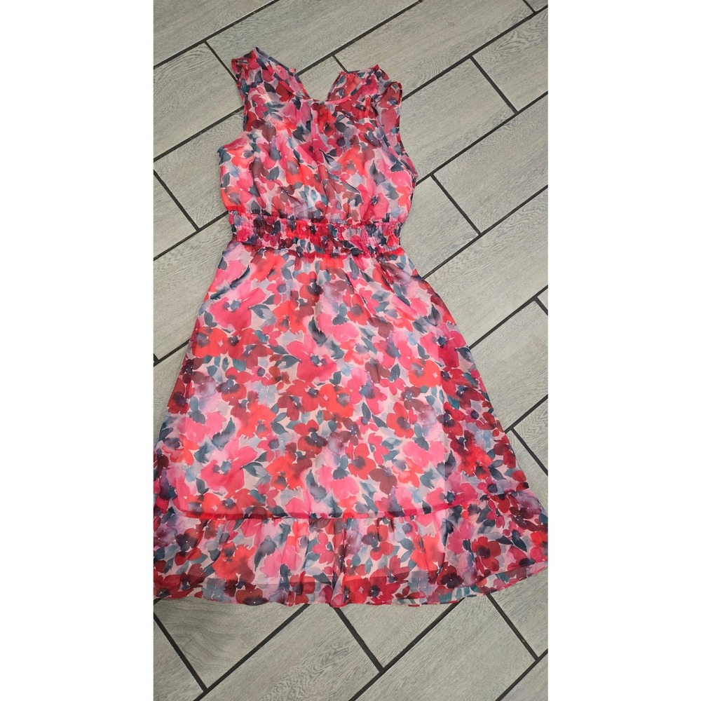Steve Madden Red Pink Floral Watercolor Smocked Waist Ruffle Midi Dress Large